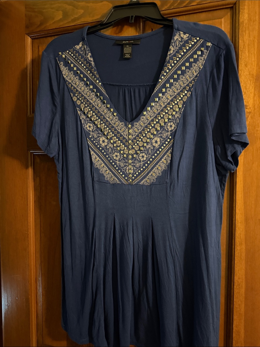 Style & Co. Navy Short-Sleeve V-Neck Tunic with Embroidery